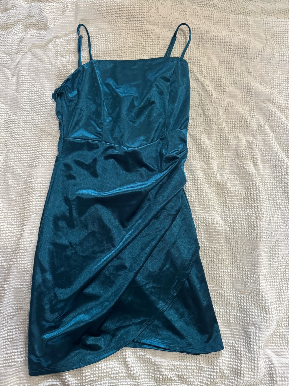 Honey and Rosie Teal Satin Mini Dress with Spaghetti Straps